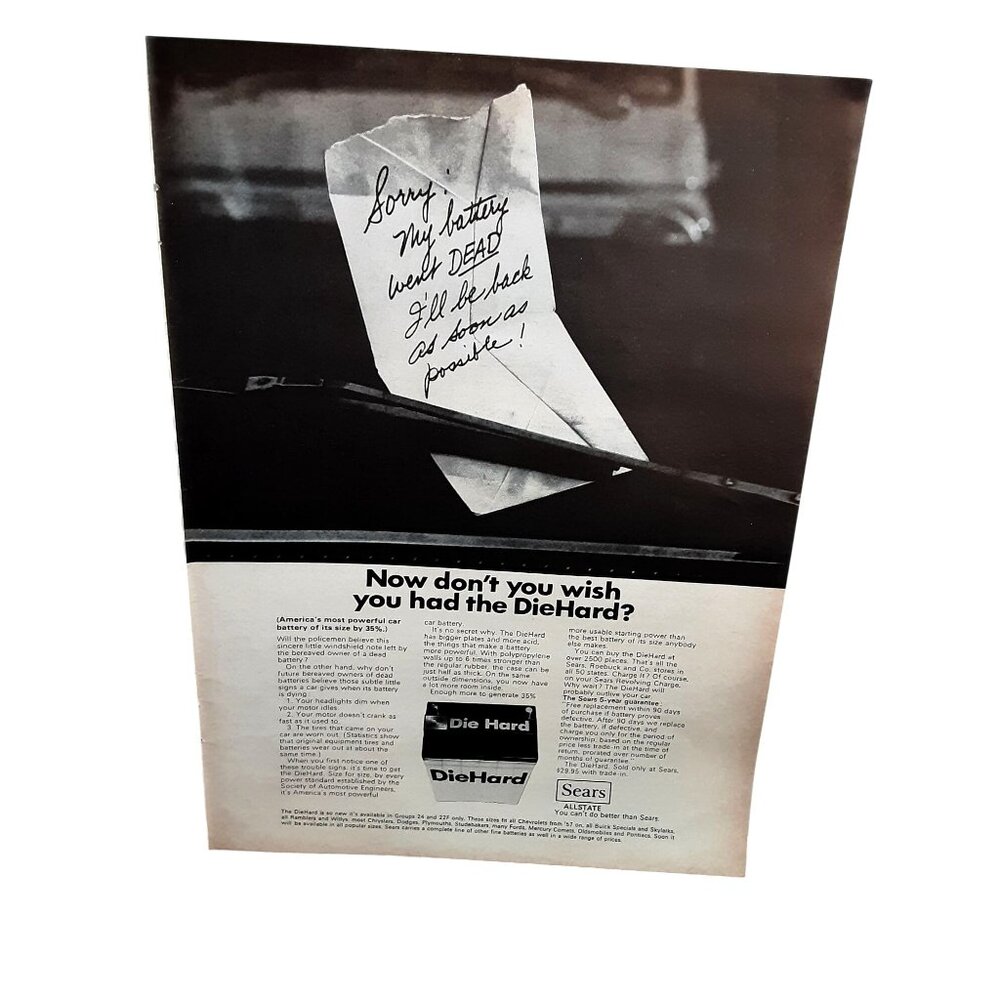 1968 Sears DieHard Battery Ad Sorry My Battery Went Dead Vintage Ad